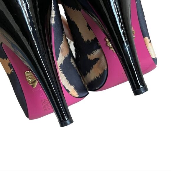 BETSY JOHNSON Leopard Print Satin Peep Toe High Heel Shoes Bow 8.5 - Picture 10 of 13